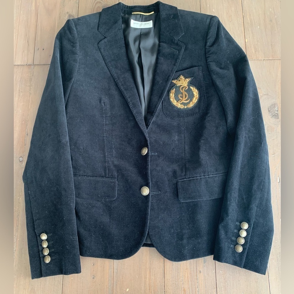 Saint Laurent women logo crested cotton blazer jacket